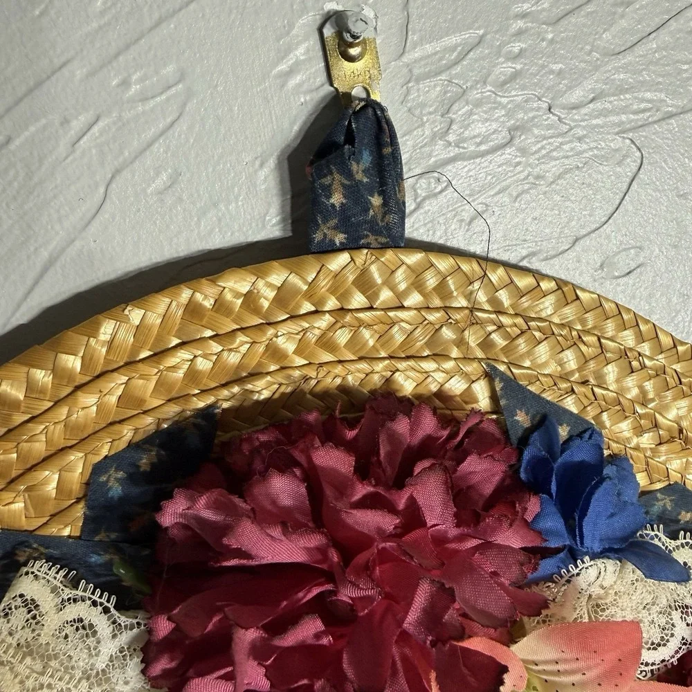 Vintage Handmade Straw Hat Wreath: Floral Door/Wall Decor Prairie Cottage Core